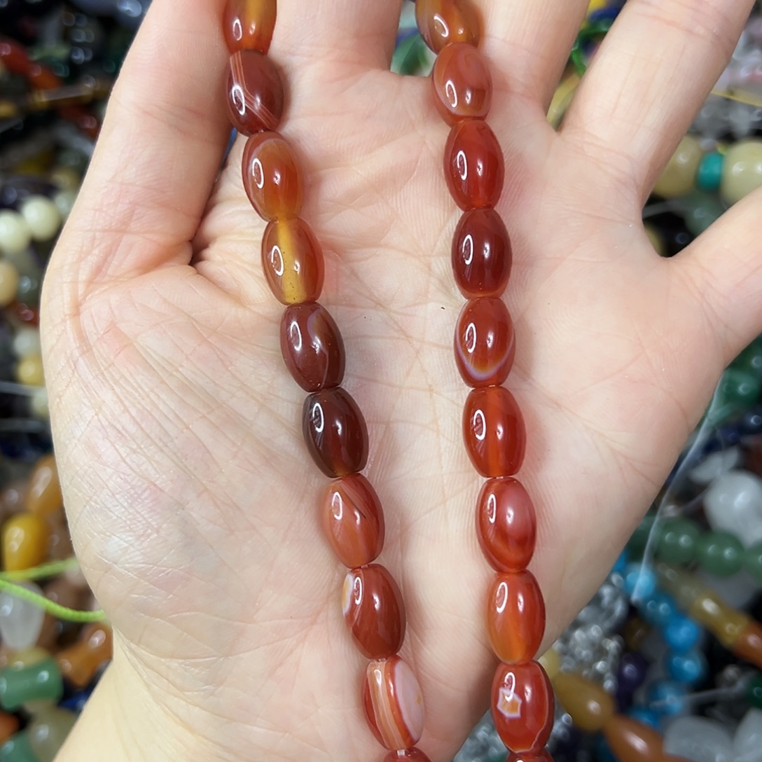 玛瑙/玉髓合金珠宝半成品，卡8x11缠丝红玛瑙枣珠一条
