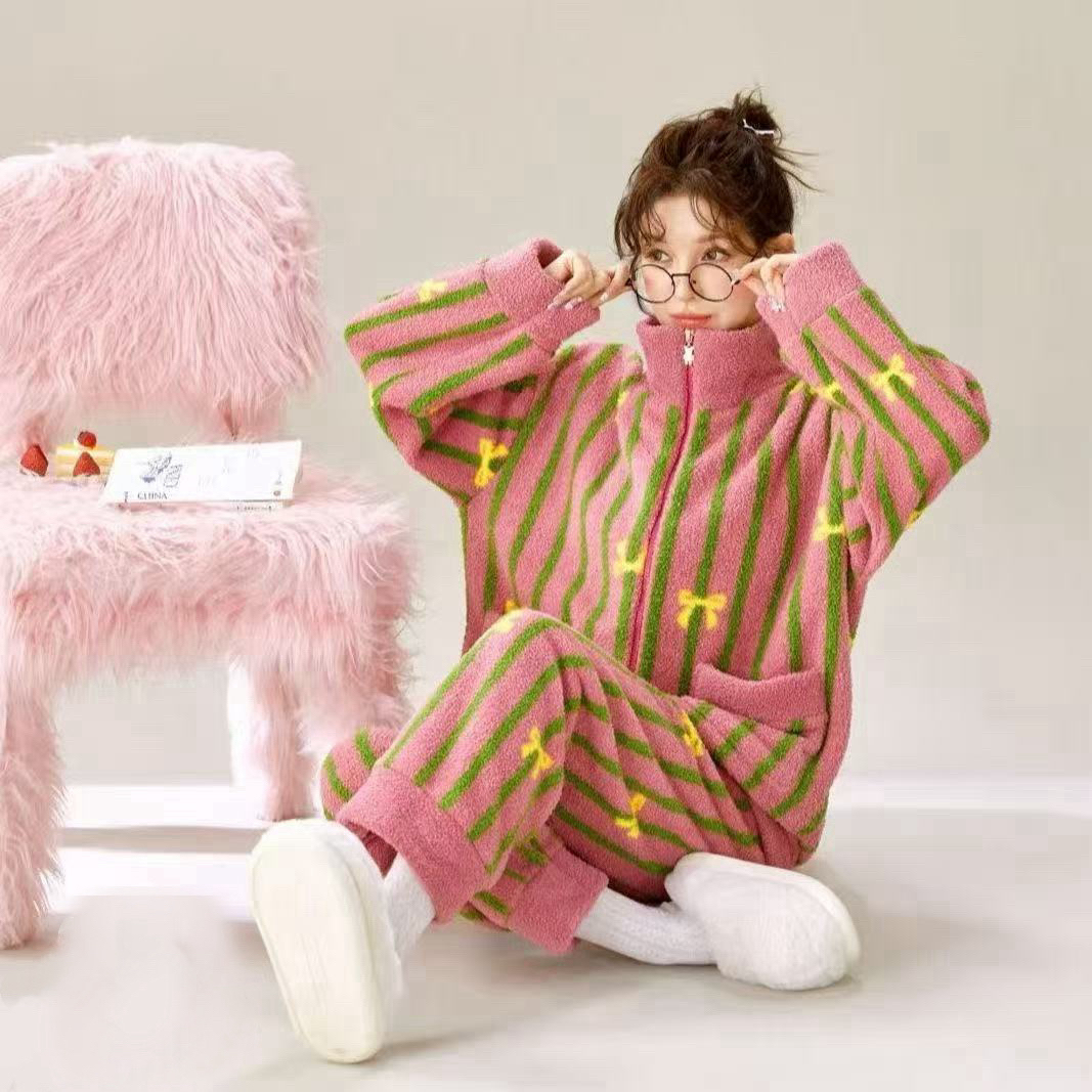 【拉链款】秋冬长袖加绒加厚家居服套装可外穿女款睡衣XY616