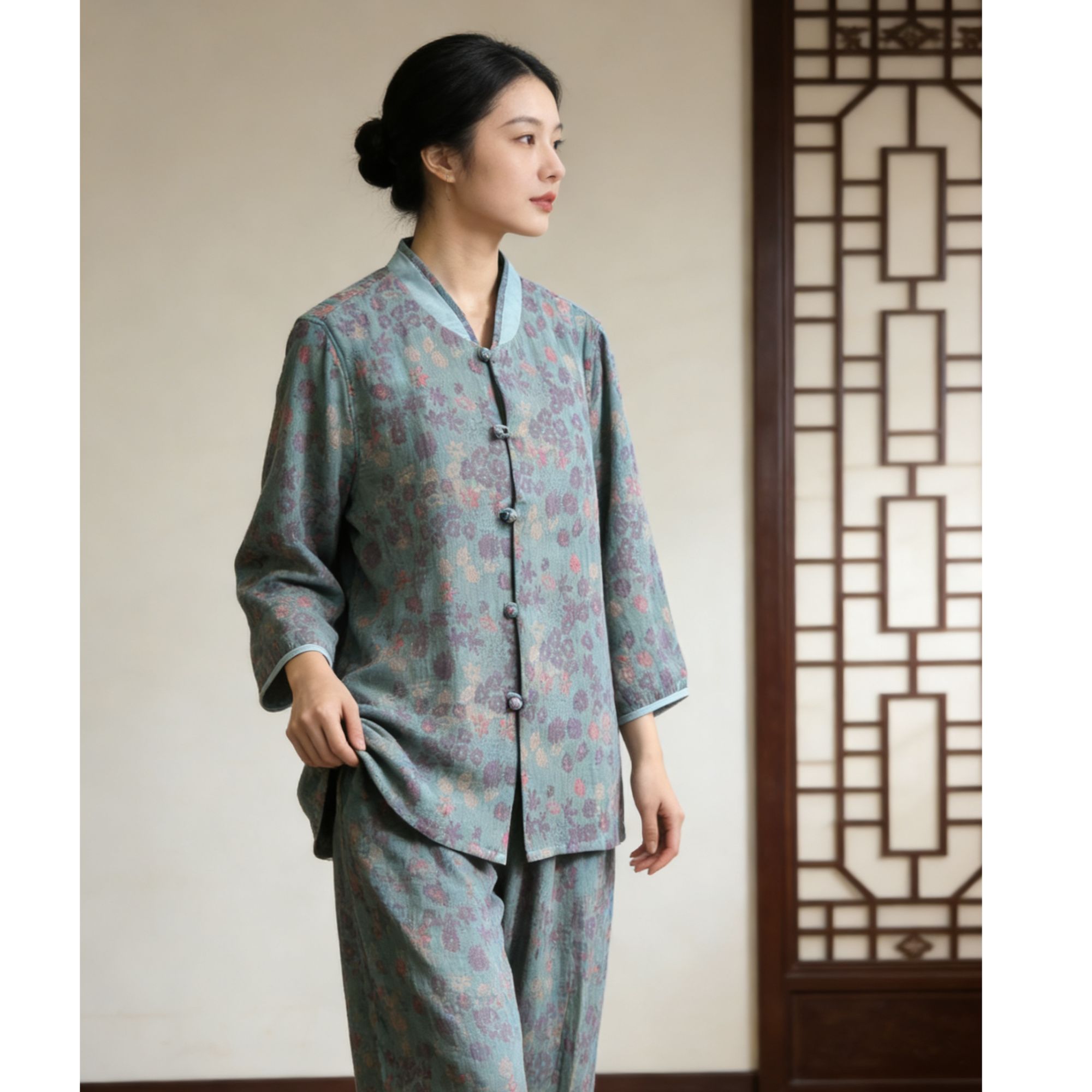 女士大提花双层纱100棉盘扣传统中国风睡衣家居服套装21210