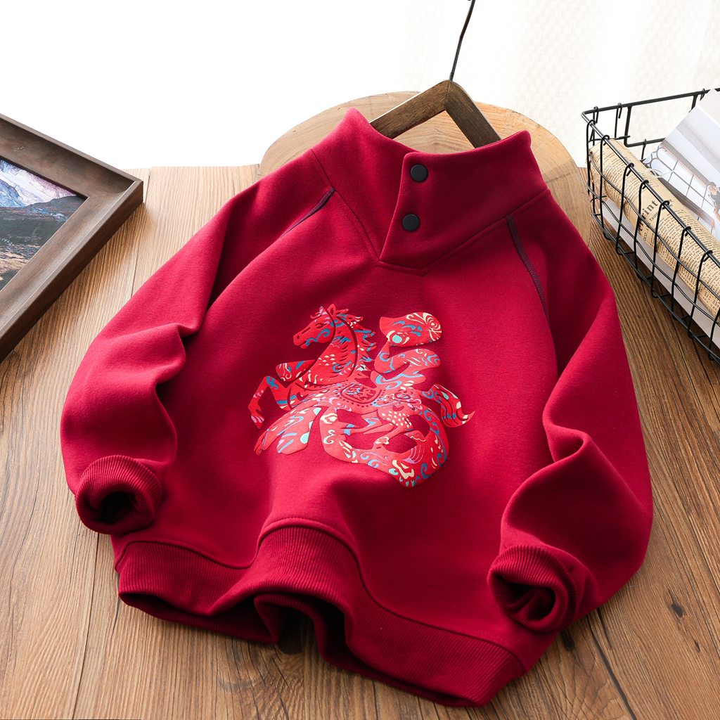 儿童红色新年卫衣中大童2025冬加绒高领加绒打底衫男女童上衣