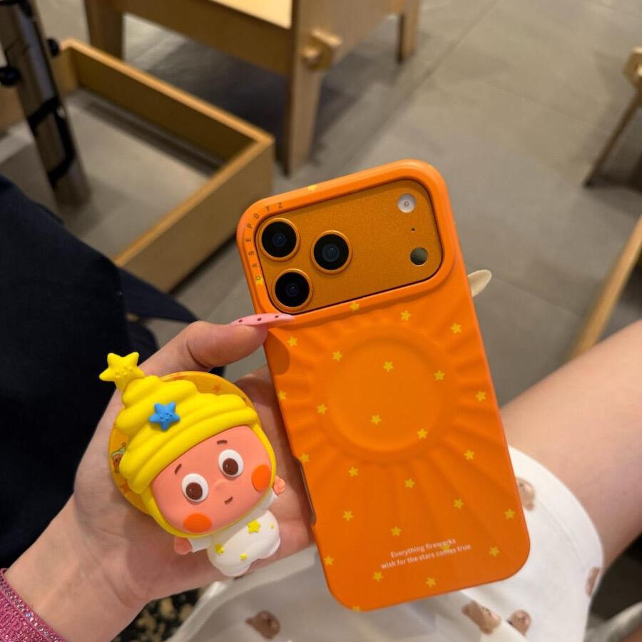 橙底波漾立体星星人磁吸适用iPhone17promax韩系16pro手机壳15/14