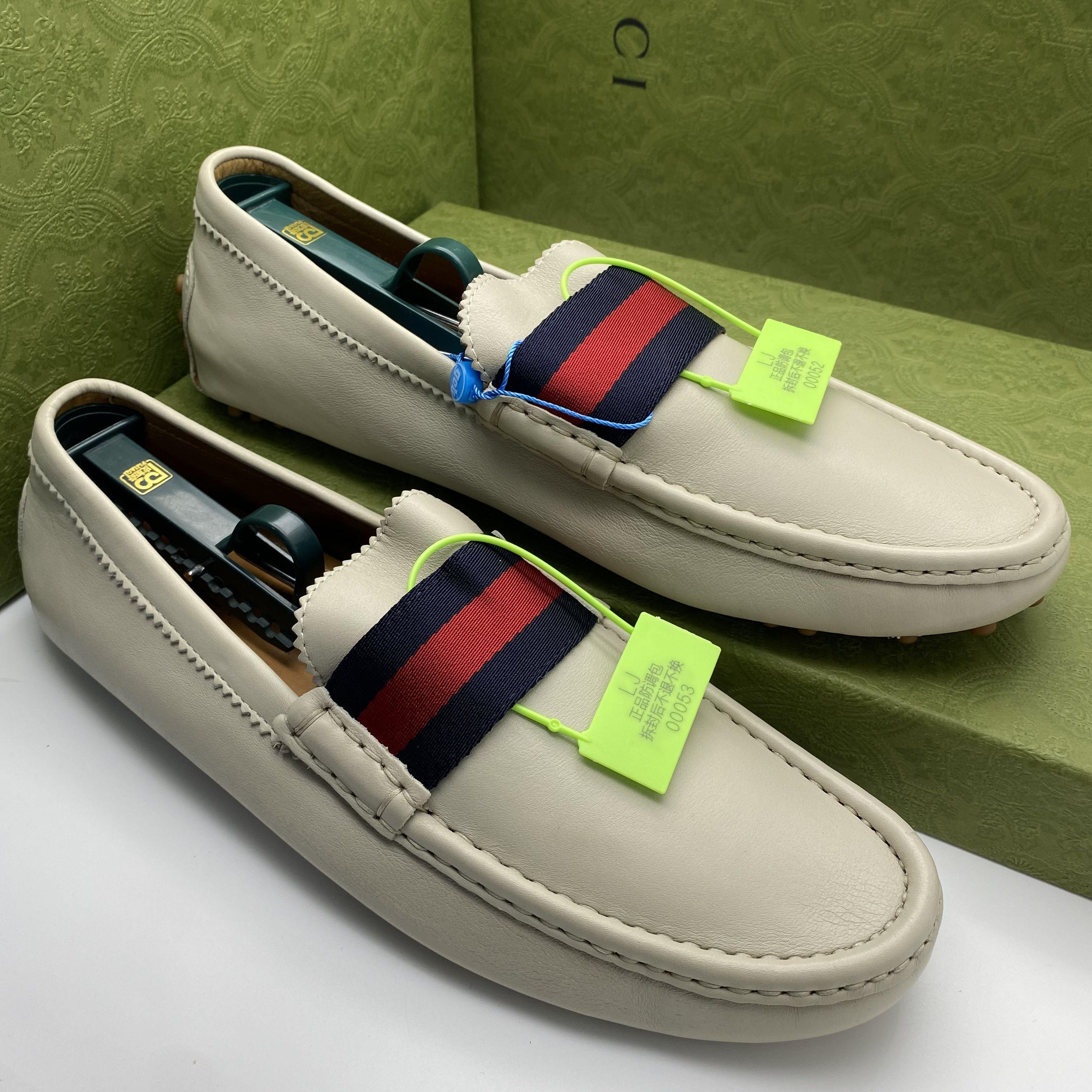 未使用 GUCCI/古驰 43码/米白色经典红蓝织带豆豆鞋/全套（福利款）