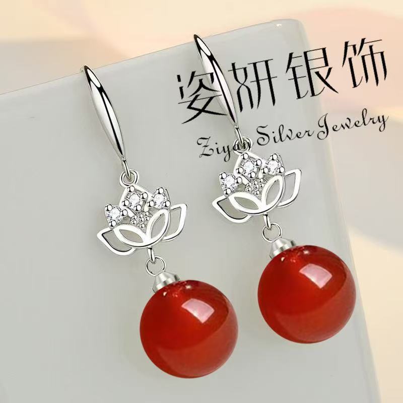 足银耳饰 气质时尚珠珠耳环高级感纯银防过敏红色轻奢国风耳坠女