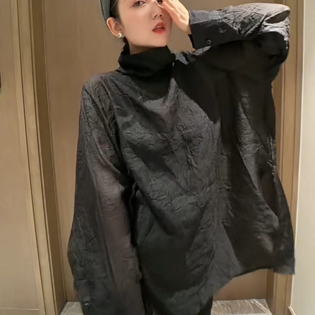 25400女慵懒风长袖风压褶纹理软糯打底衫