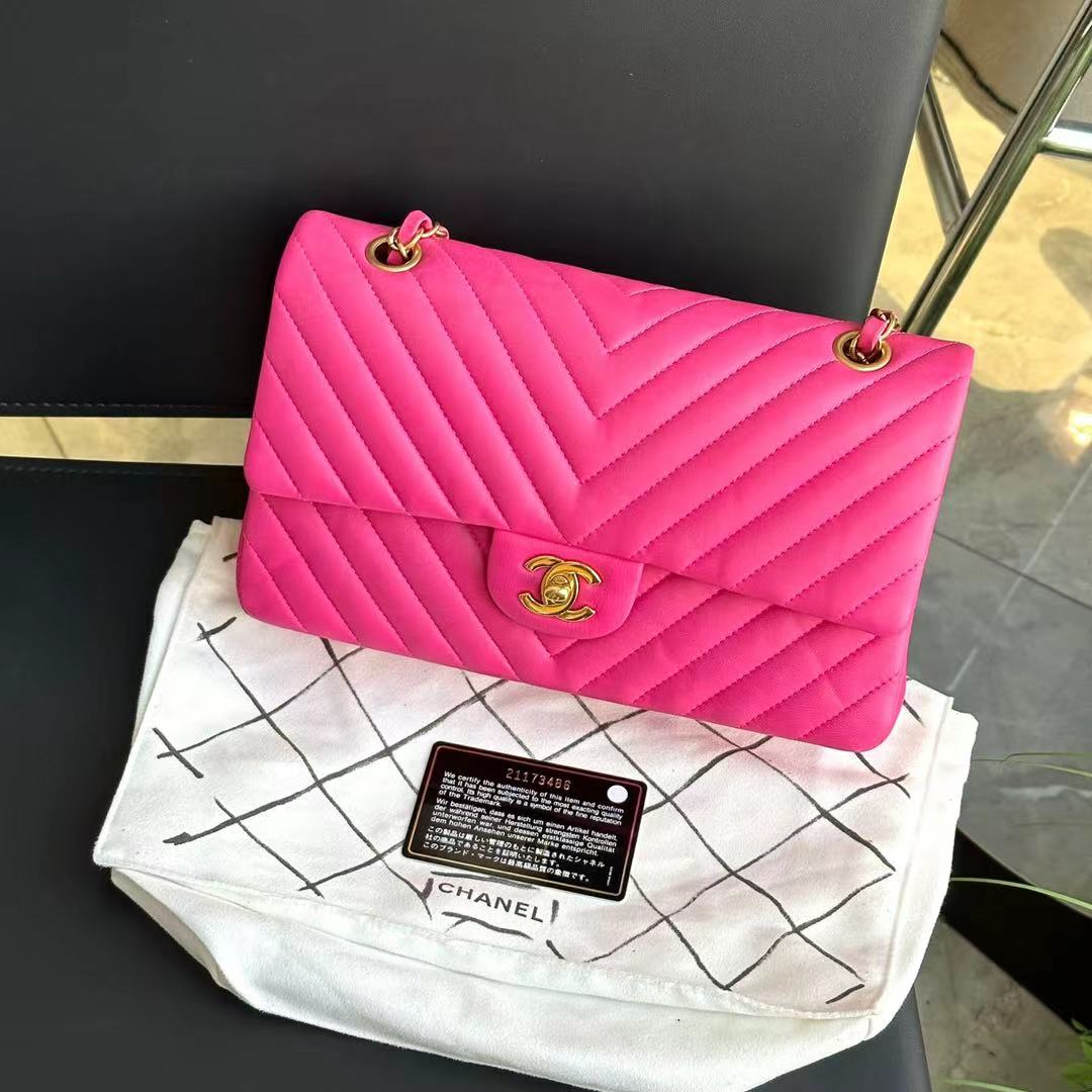 95新 Chanel/香奈儿 粉色芭比粉V纹CF中号单肩包