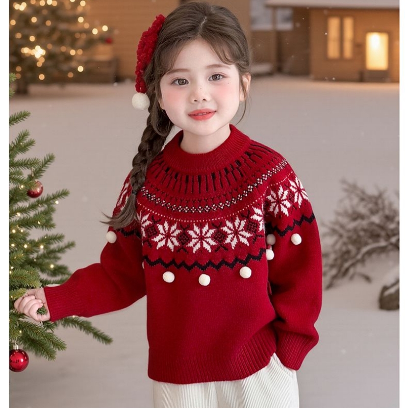 女童费尔岛风圣诞毛衣2025秋冬新款红色提花针织衫洋气上衣