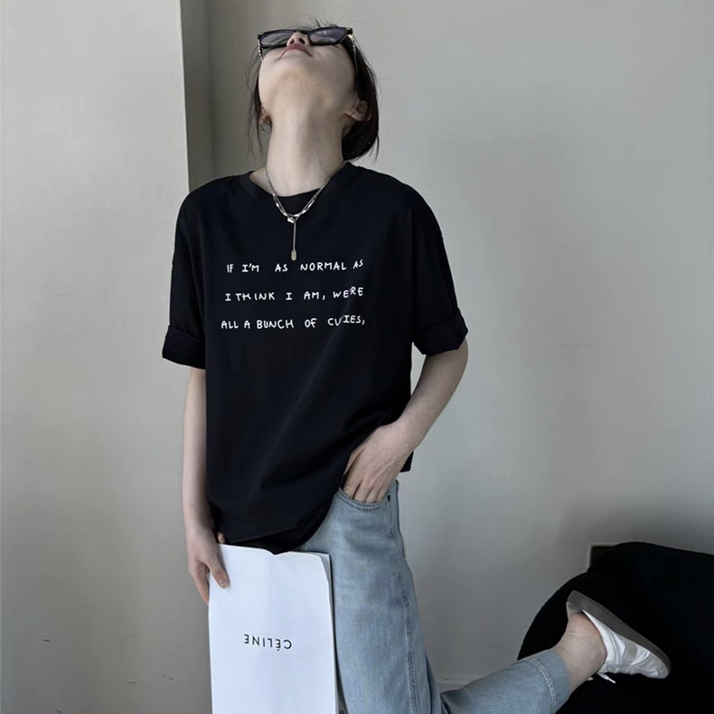 韩系百搭字母印花正肩短袖t恤女夏季设计感小众宽松显瘦体恤上衣