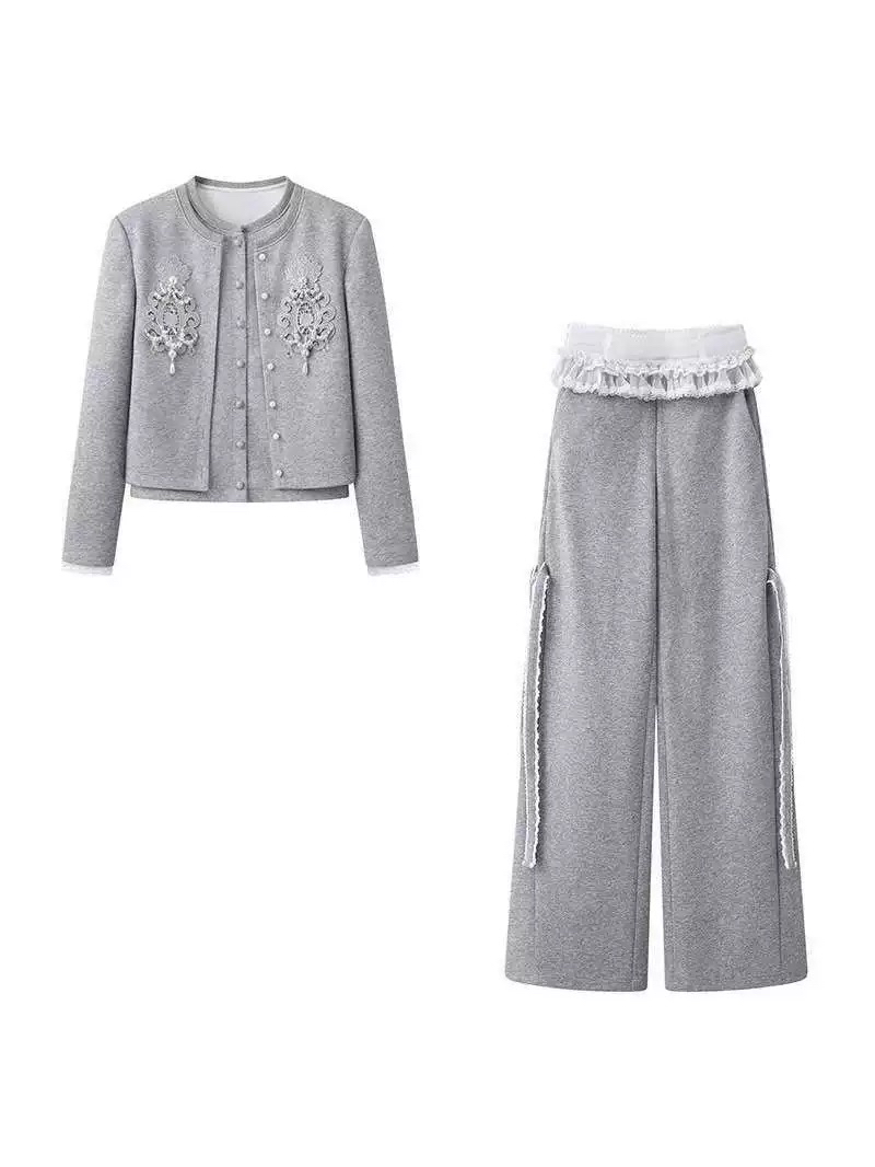 2025春季新款维多利亚芭蕾风高级感灰色休闲短外套长裤