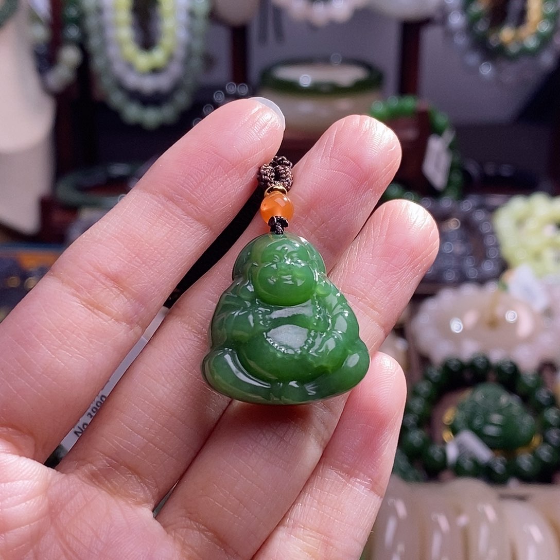 和田玉收藏碧玉老坑料7号辣绿佛公吊坠未镶嵌
