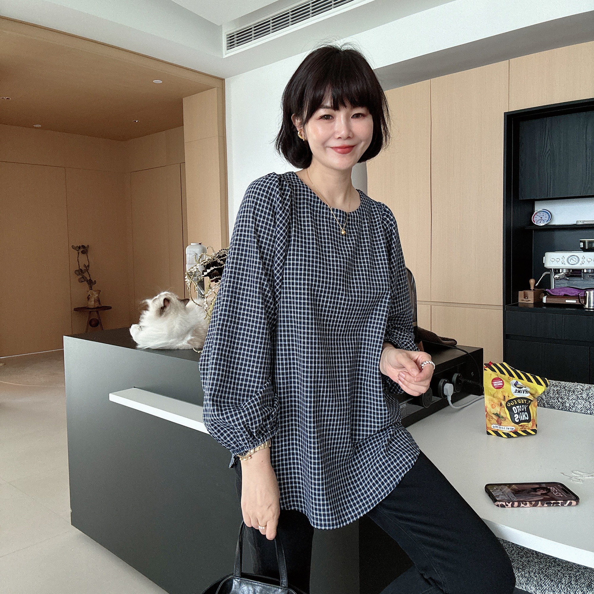 韩版长袖衬衫拼接气质小众格子休闲百搭针织背心衬衫两件套