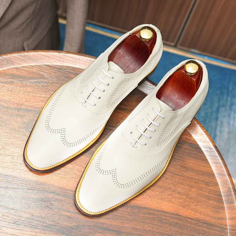 英伦白色皮鞋男真皮新郎结婚牛津鞋尖头商务正装布洛克雕花休闲鞋