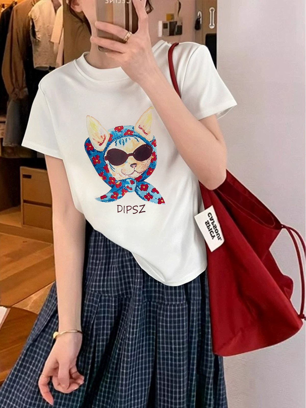 印花圆领国潮红色夏装短袖韩版夏季正肩小版型少女T恤短款ins棉t