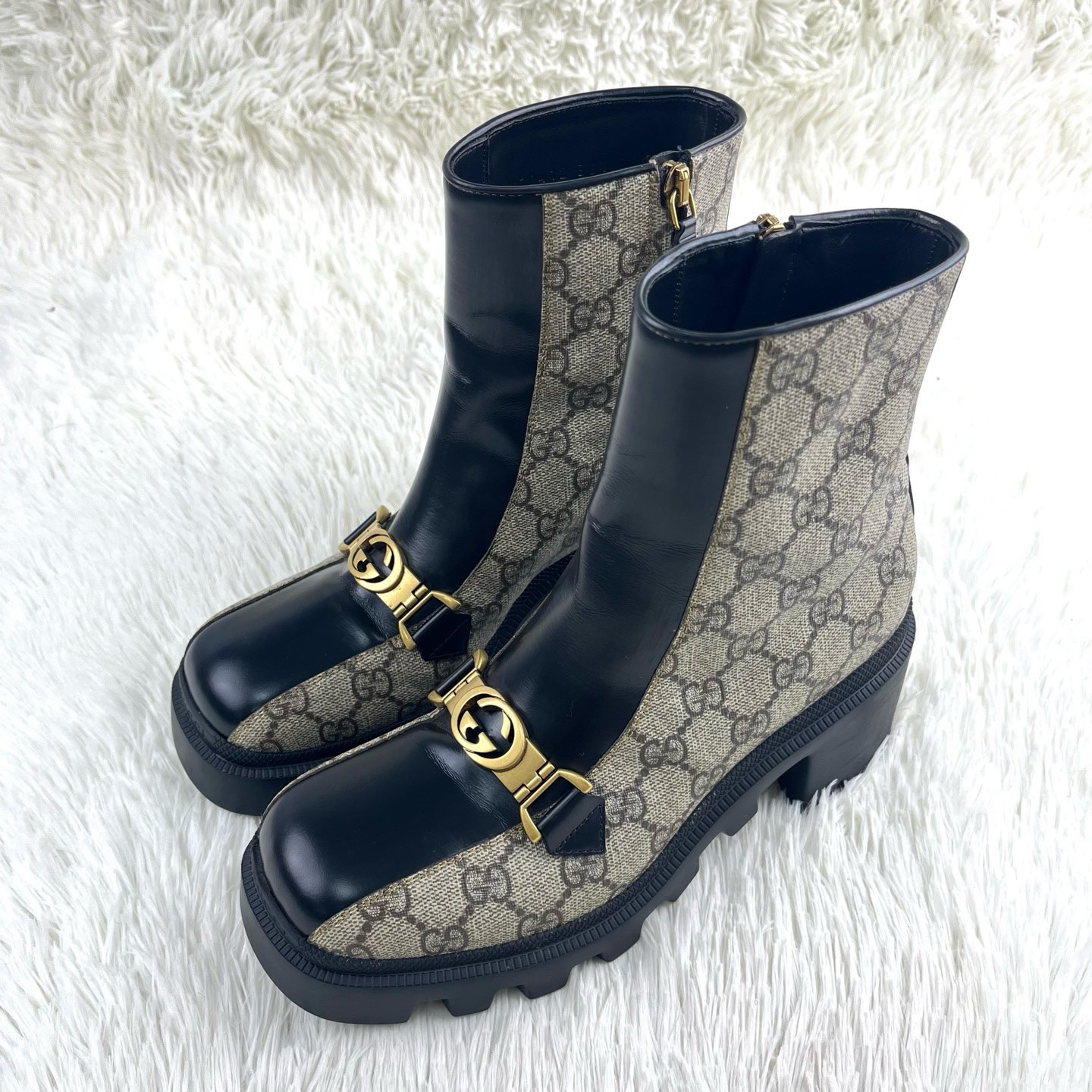 99新 GUCCI/古驰 双G老花满印棕色短靴36.5码