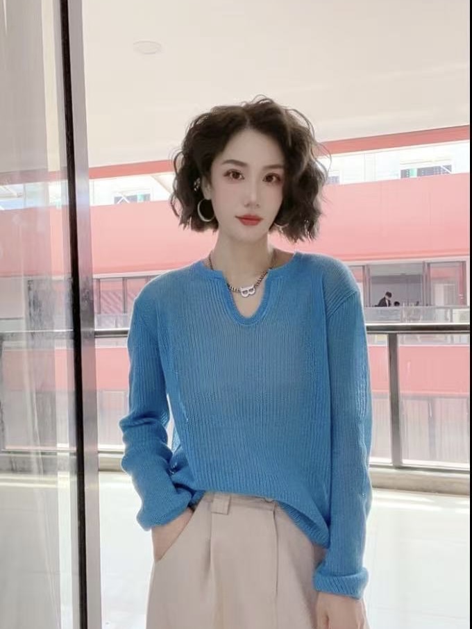 编号【Q700-Q799】气质拼色春夏名媛慵懒针织韩版上衣设计感