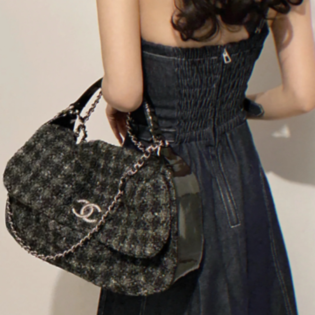 99新 Chanel/香奈儿 黑银毛呢2way XXL亮片机场单肩包/36439 时尚