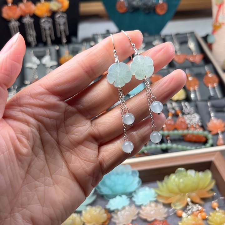 蛇纹石玉耳饰银S925镶嵌