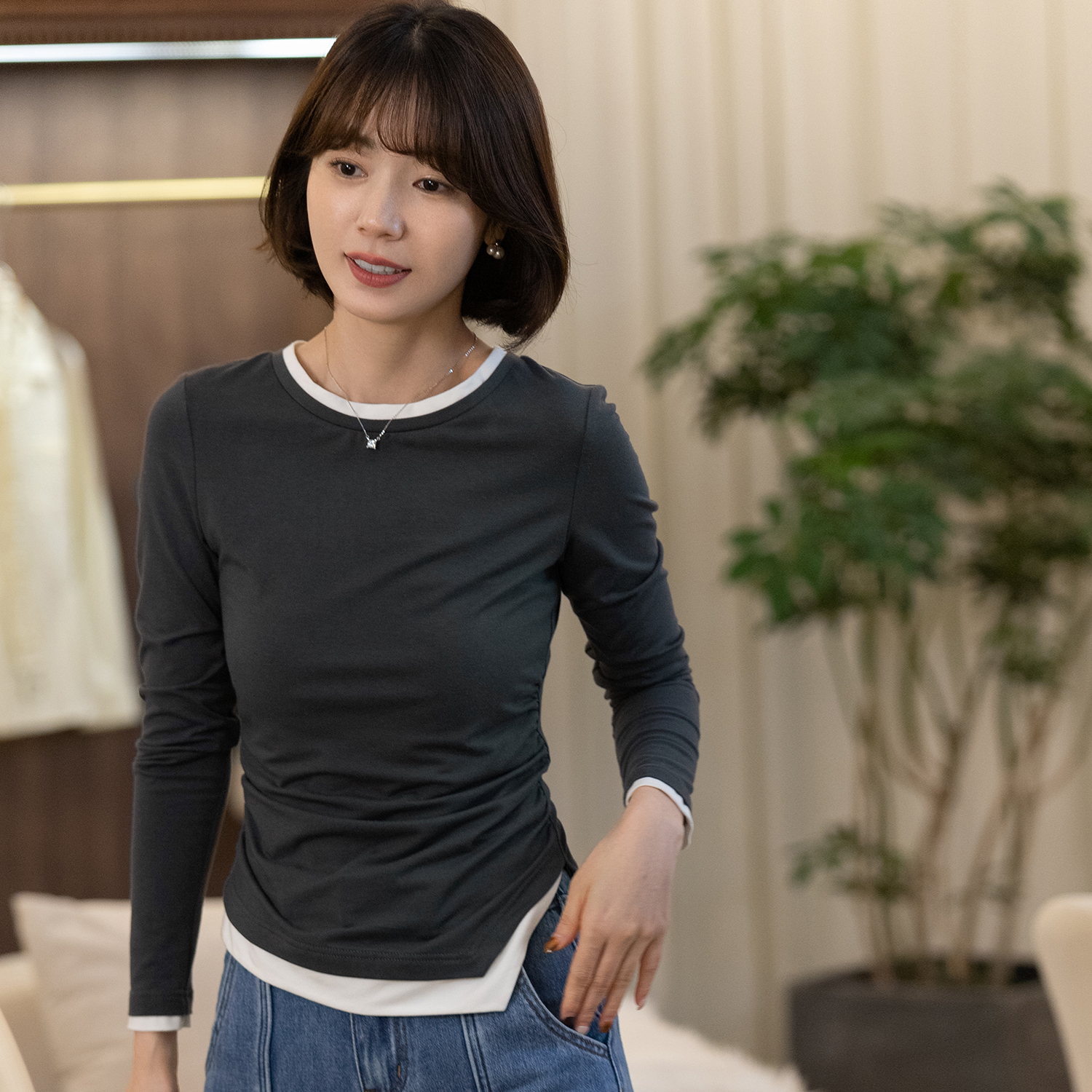 法儿家韩国限定「新品」【双色面膜Tee】撞色收腰长袖上衣FS307S037