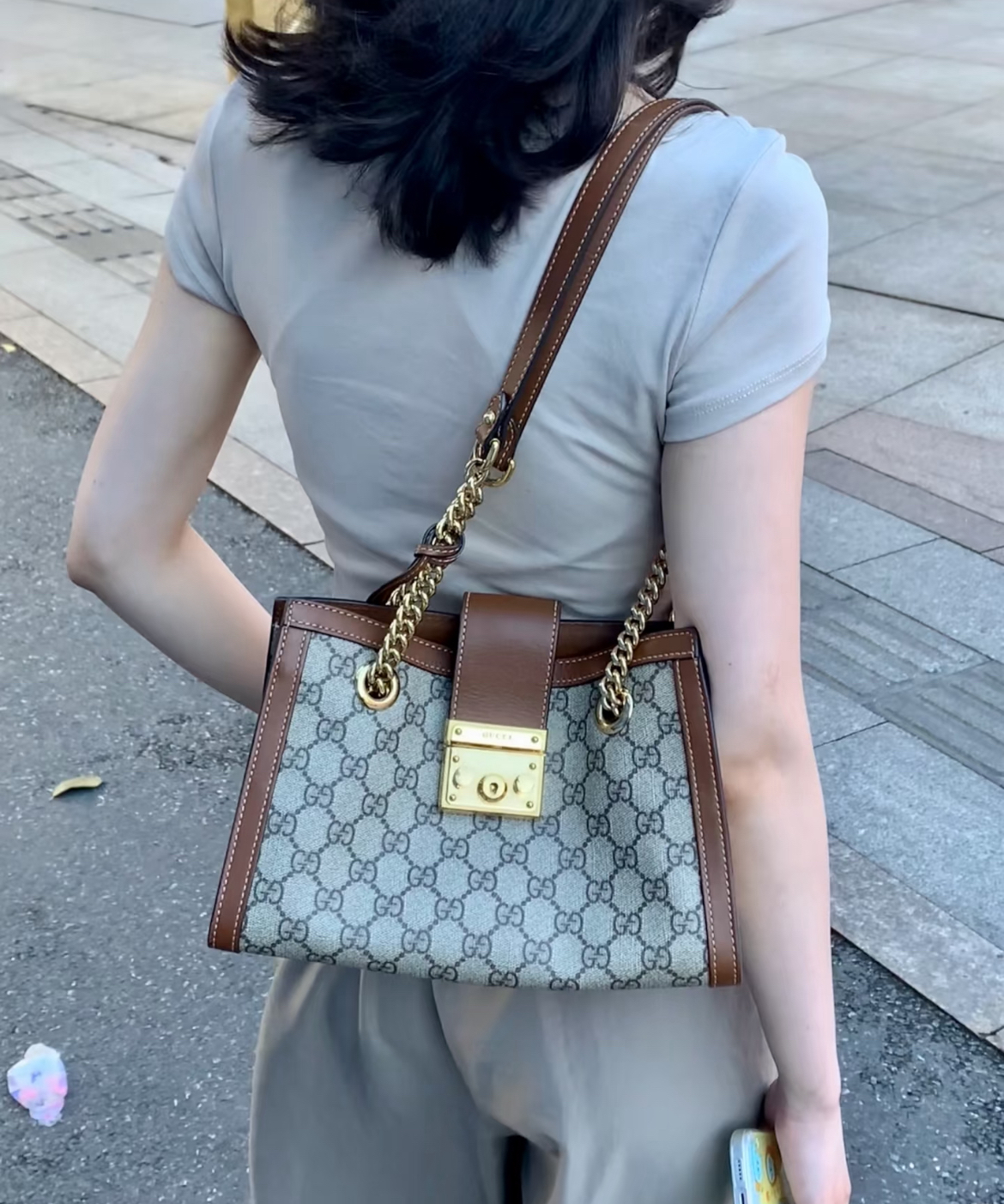 95新 GUCCI/古驰 小号棕色老花padlock单肩包