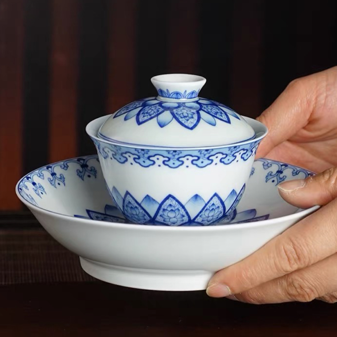 【景德镇】青花瓷并蒂莲五件套盖置壶承茶杯盖碗家用泡茶茶具
