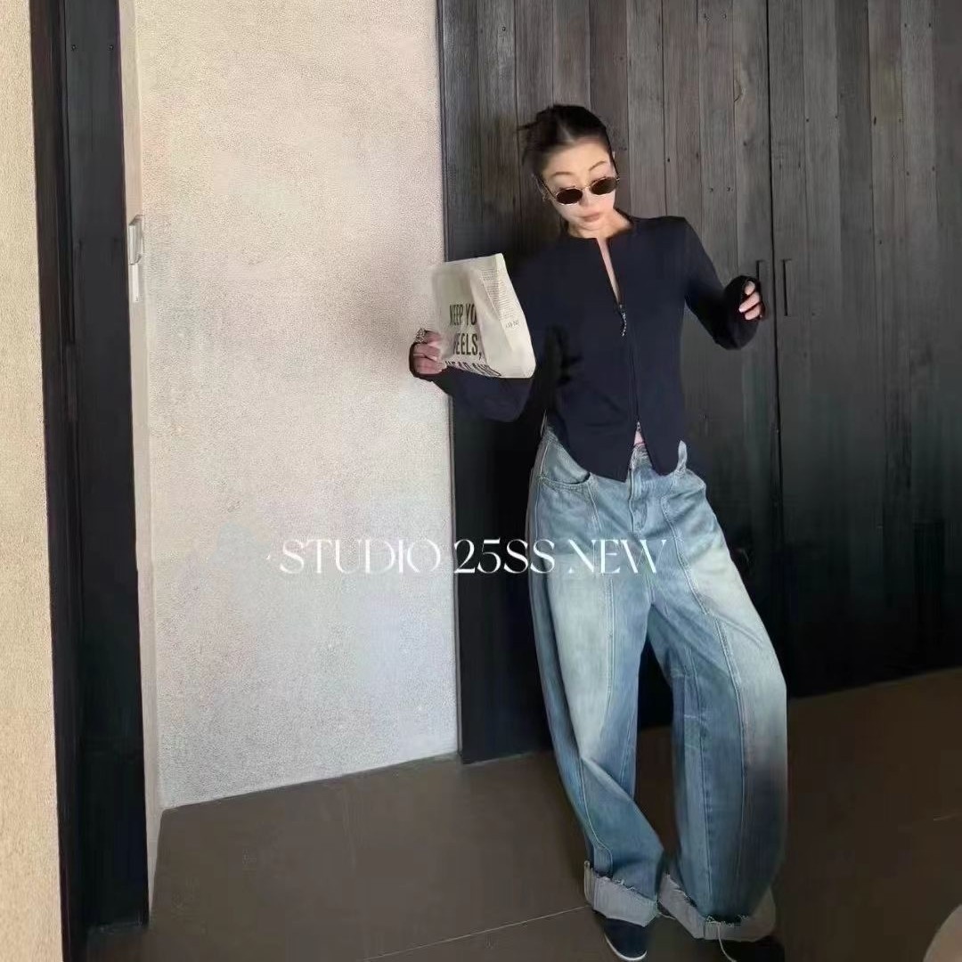 秋款时尚休闲百搭纯色紧身短款双拉链T女有垫肩