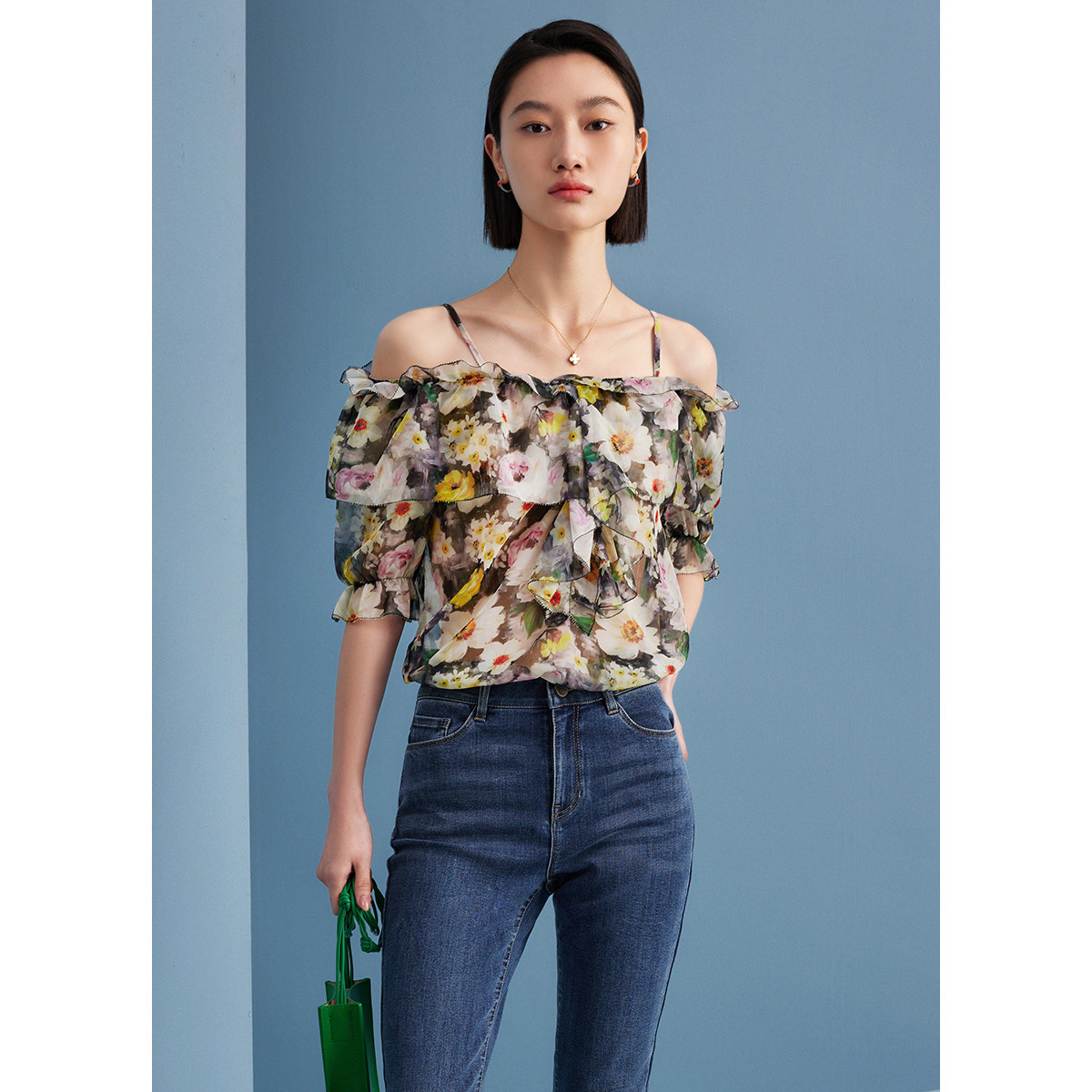 【九月专属】浪漫一字领吊带衫女夏季油画风印花荷叶小衫M314201302