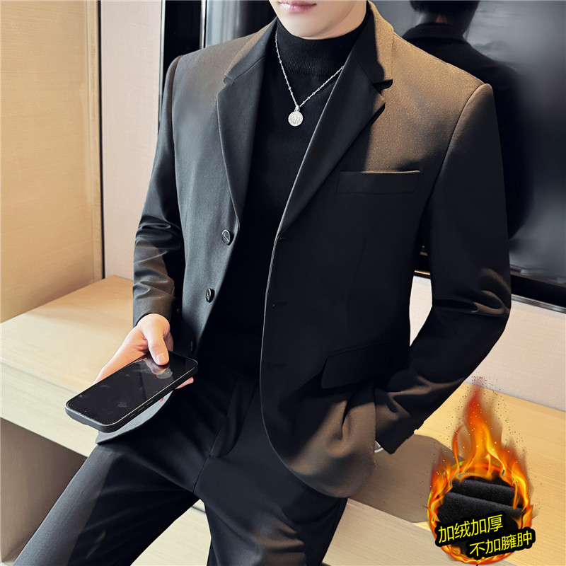 冬季保暖加绒西装外套男士高级感时尚休闲半里衬修身加厚西服上衣