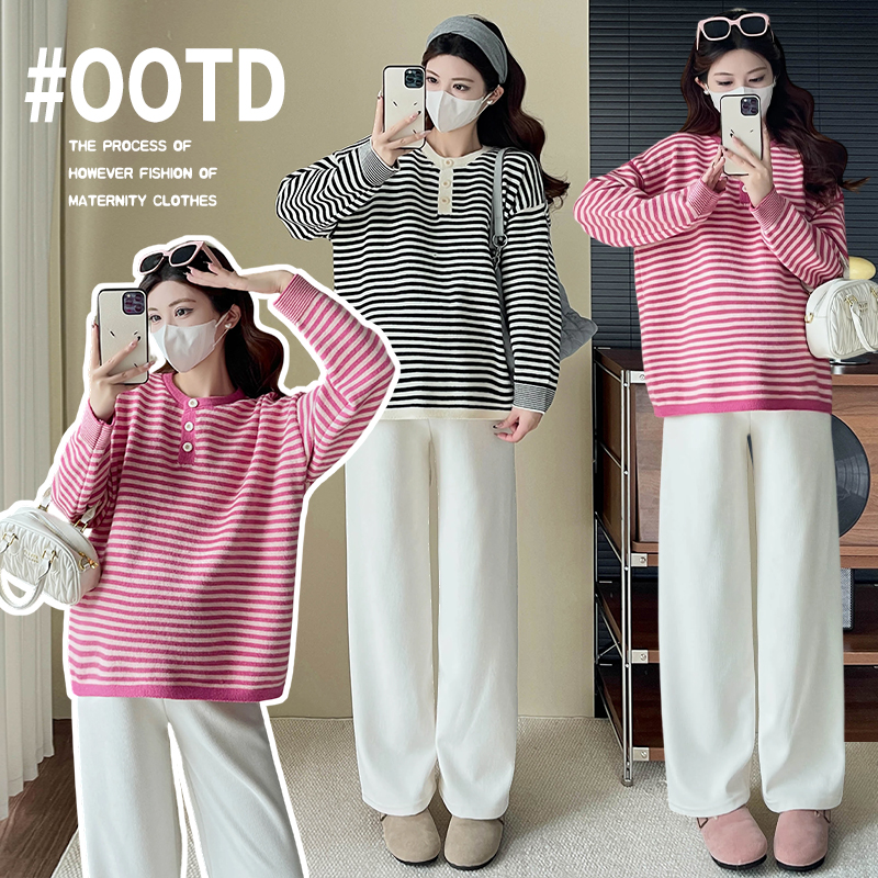 孕妇上衣2026秋冬条纹长袖打底毛衣套头时尚外穿显瘦大码孕妇装