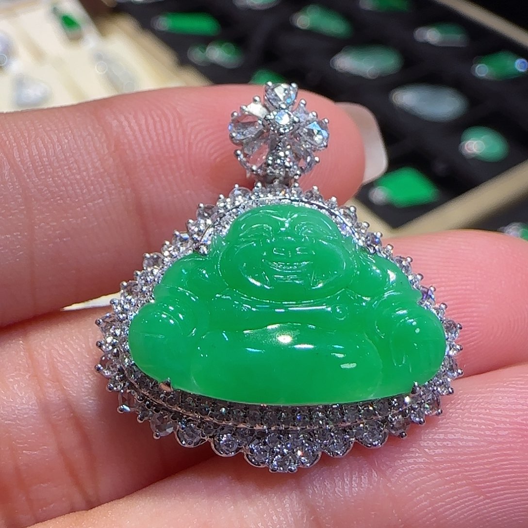 翡翠吊坠(不含链)18K金镶嵌佛公