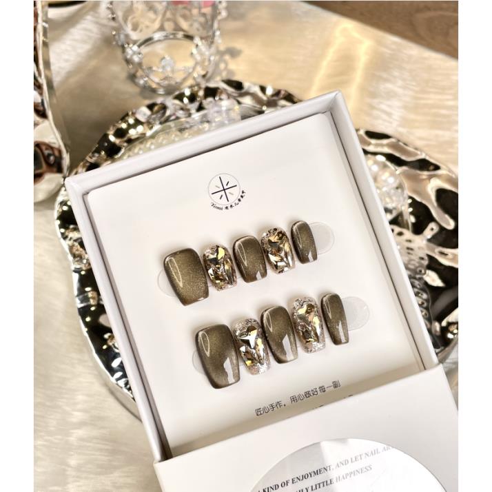 YoMi【灰棕猫眼】2025新款纯手工灰棕百搭猫眼彩钻石简约穿戴甲77