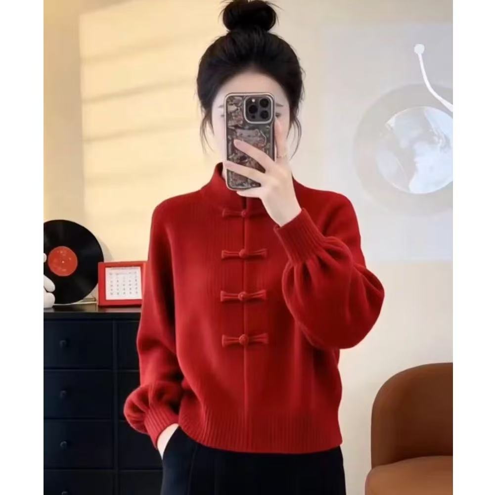 新中式国风盘扣红色针织毛衣女款2025新款冬季