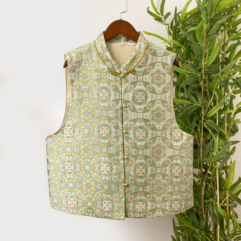 【陆美瑛绿钱大饼宝相花】新中式国风复古提花春秋款女士宋锦马甲