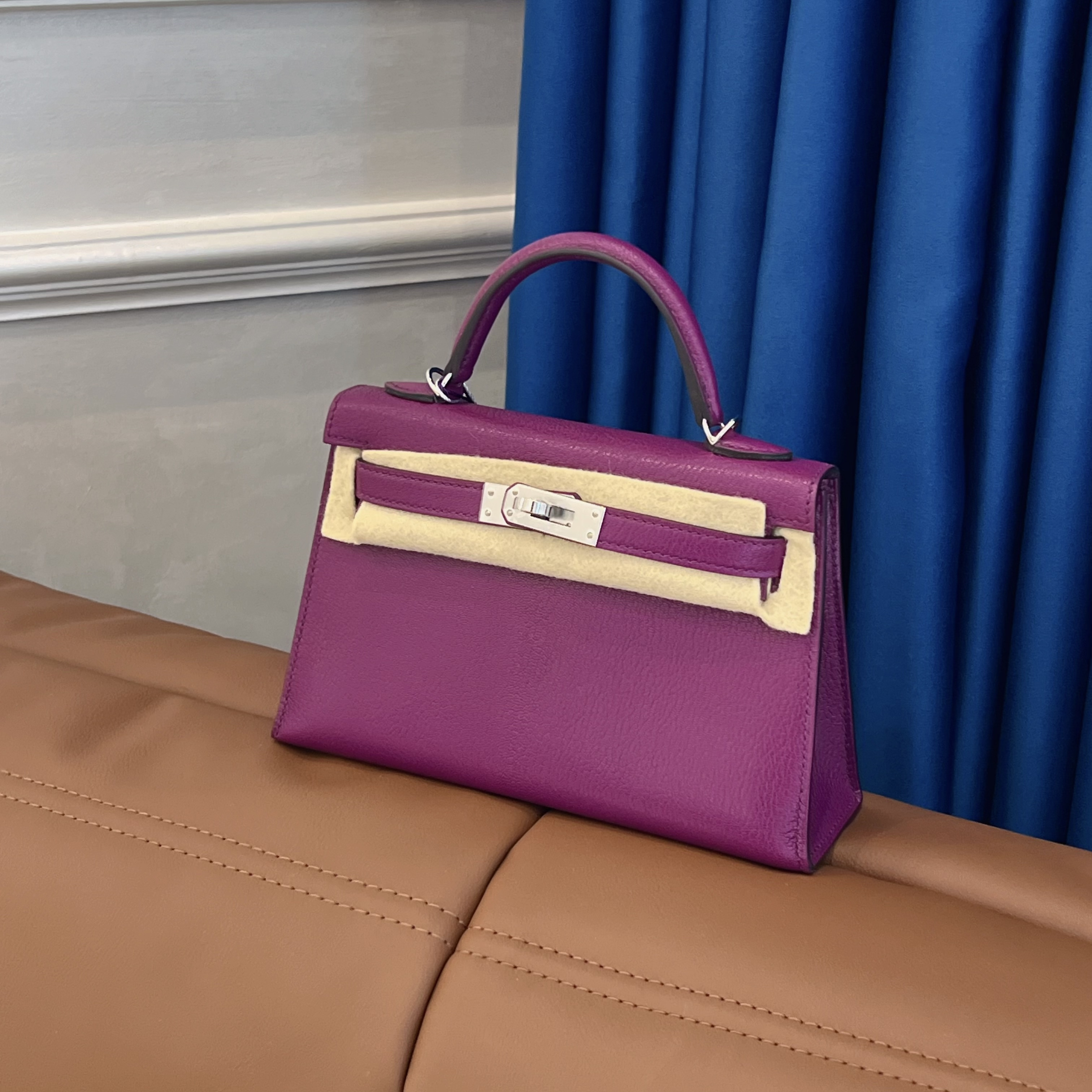 99新 Hermes/爱马仕 蔚蓝/P9海葵紫银扣  mini kelly二代 Y刻
