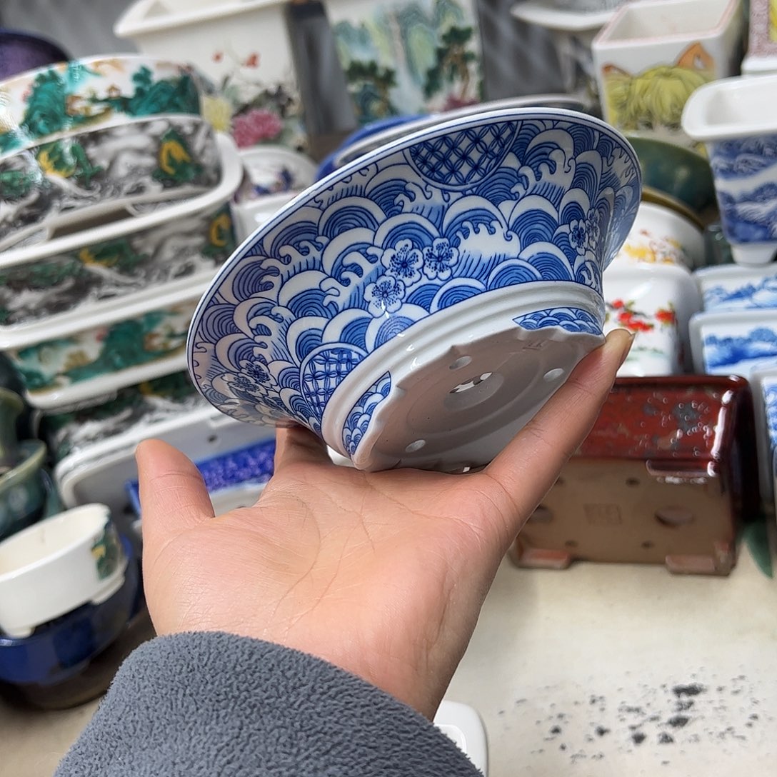 紫砂花盆182号瑕疵15/5cm仿手绘海浪花纹