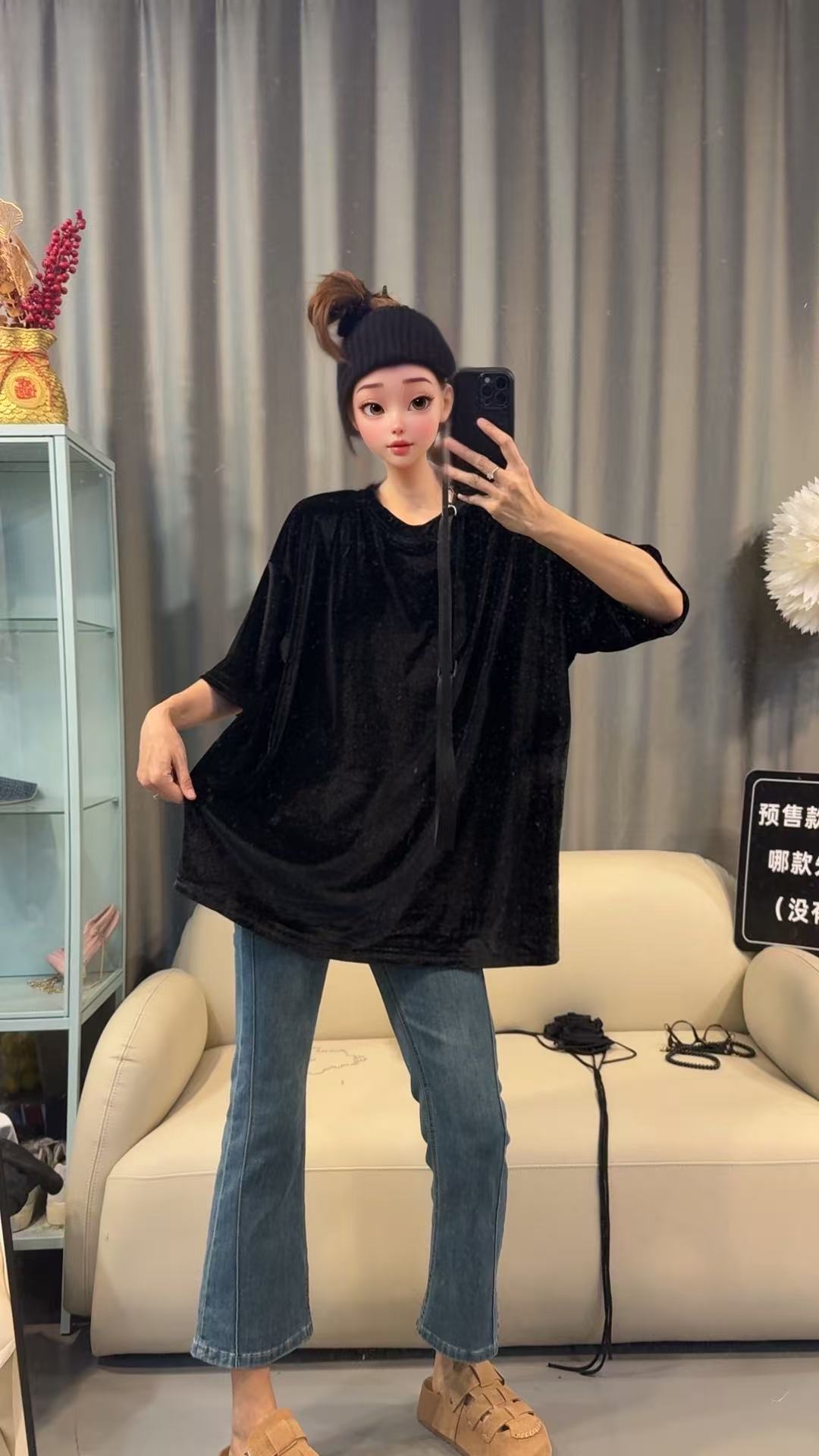 【文乐乐】春季新款韩版高级气质时尚休闲潮流百搭丝绒T恤25018