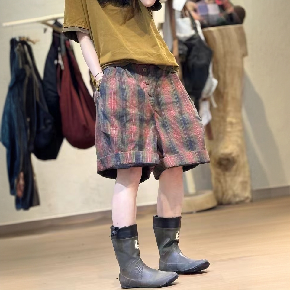 忆古朴拙色织提花双面坑条多扣中裤250304夏季百搭时尚复古格纹