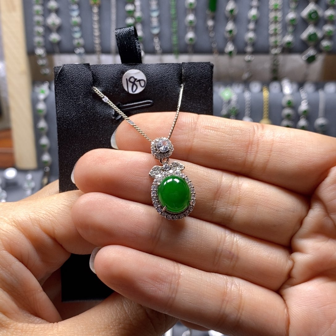 翡翠颈饰银S925镶嵌张*蓉色超正10.5×9×4.5