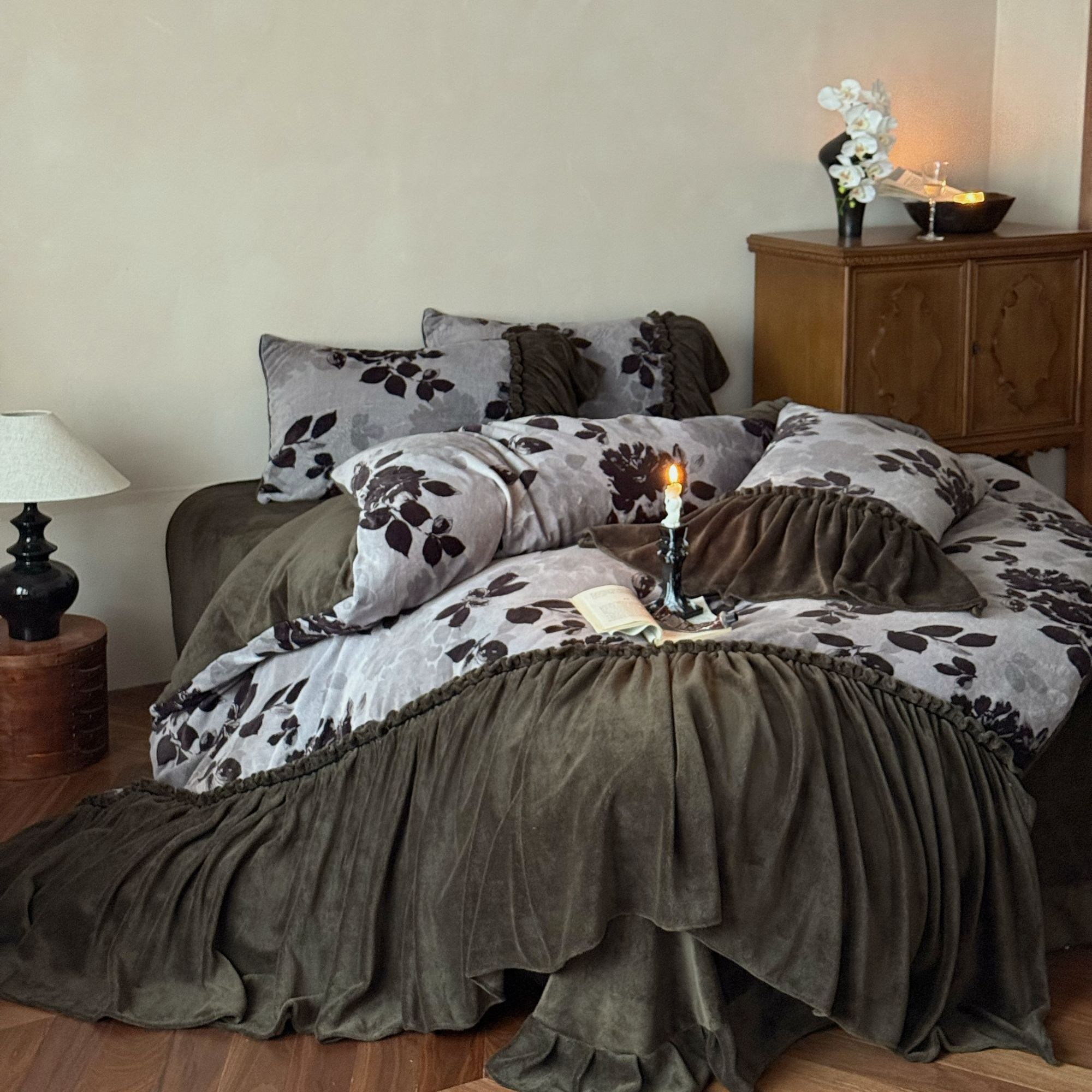 十七【冷茶棕栗】法式复古秋冬加厚公主风花边款牛奶绒床裙四件套