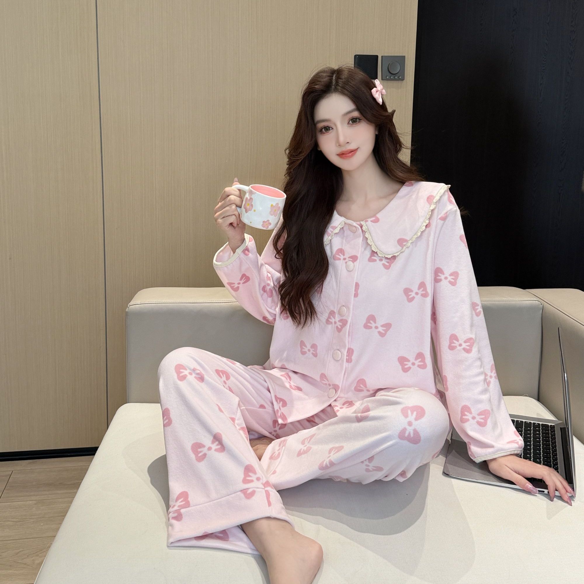 【粉色K小猫】超柔海岛绒新款套装睡衣简约韩版秋冬长袖加绒
