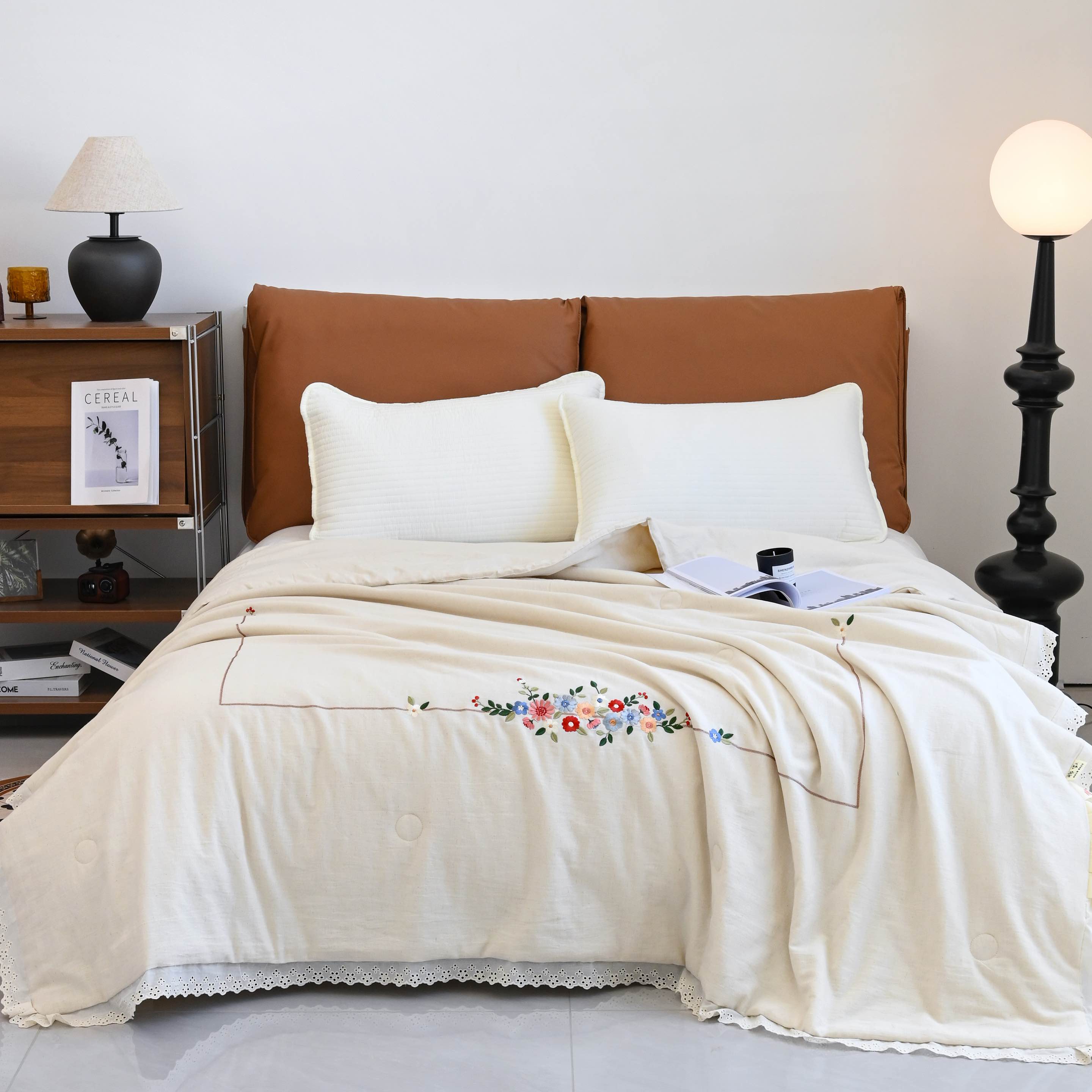 【刺绣竖条】四季通用棉麻被子舒适透气可机洗1.5/2亲肤柔软