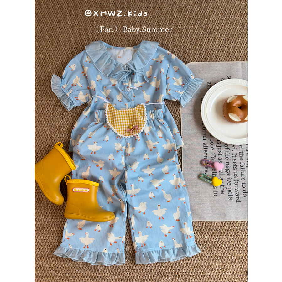 W女童2025新款春夏女孩家居服夏季新款宝宝纯棉泡泡袖长裤套装