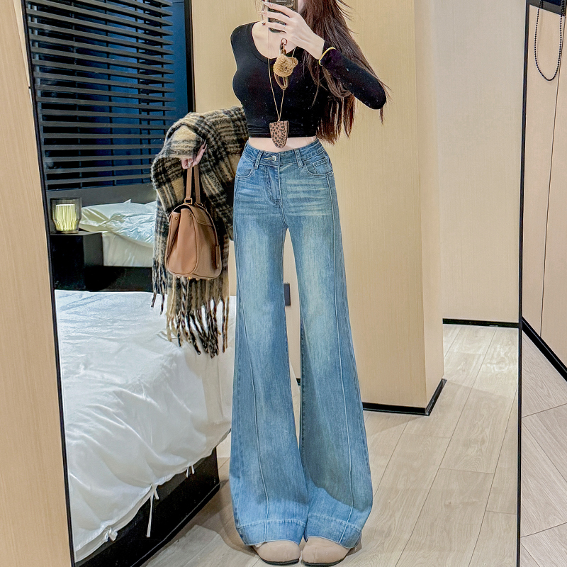 高腰浅色不贴腿微喇牛仔裤女2025年秋季新款宽松垂感拖地显瘦裤子