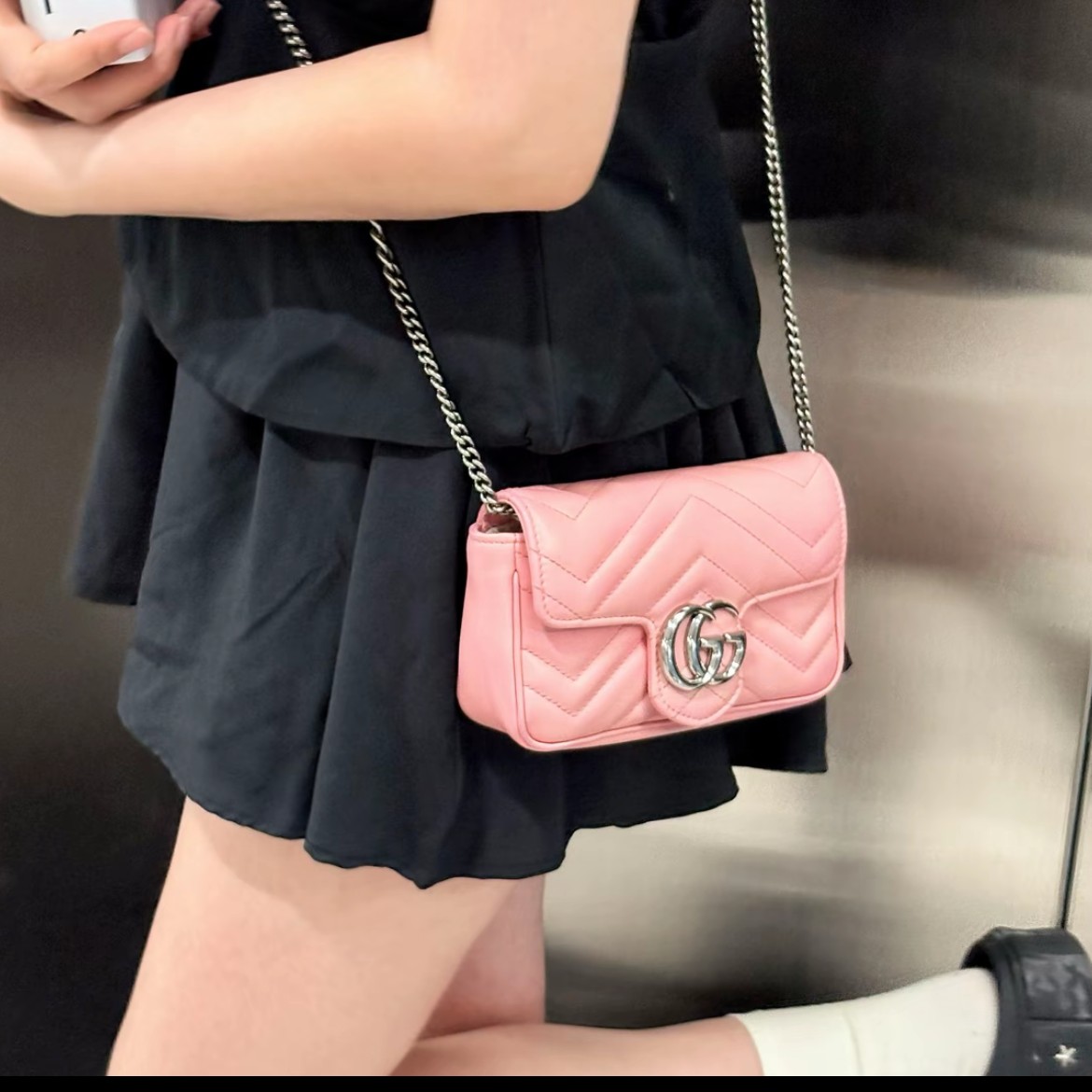 95新 GUCCI/古驰 马蒙/mini/粉色/单肩斜挎链条包
