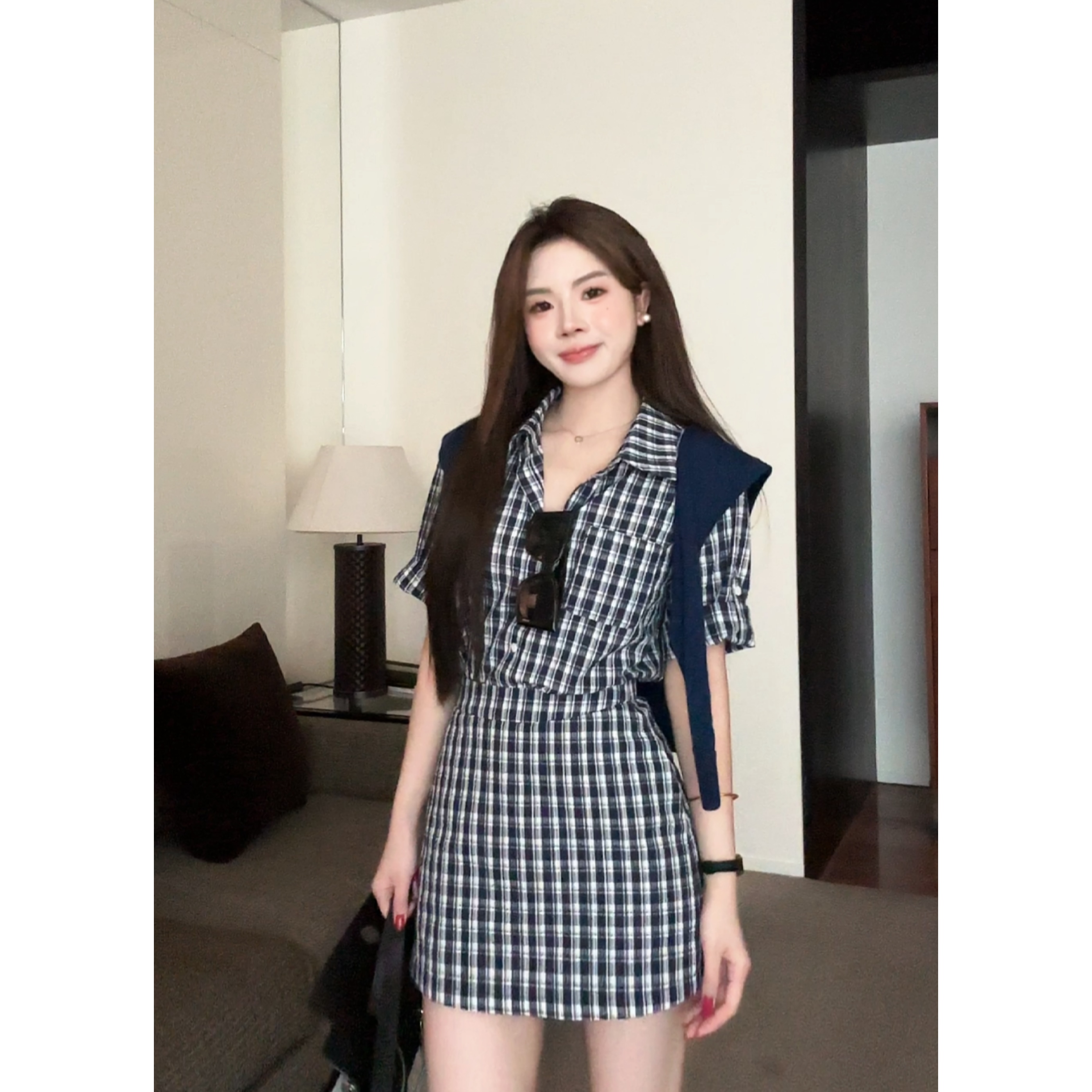 SZA【风和自由】夏季简约格子纹上衣高腰修身气质裙子套装A-1959