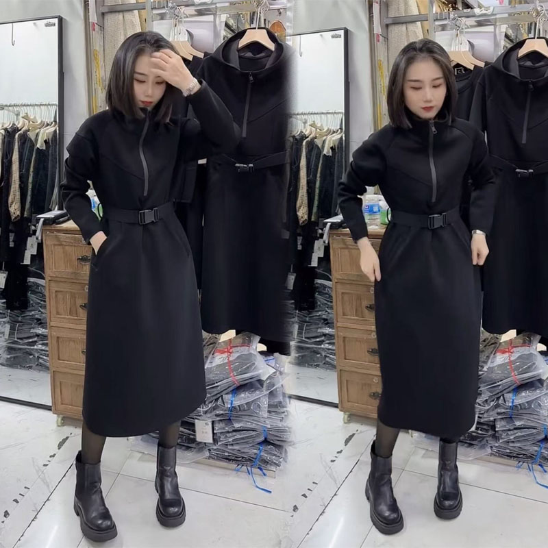 休闲女装2025春季新款连帽拉链束腰系带修身长款显瘦卫衣裙连衣裙