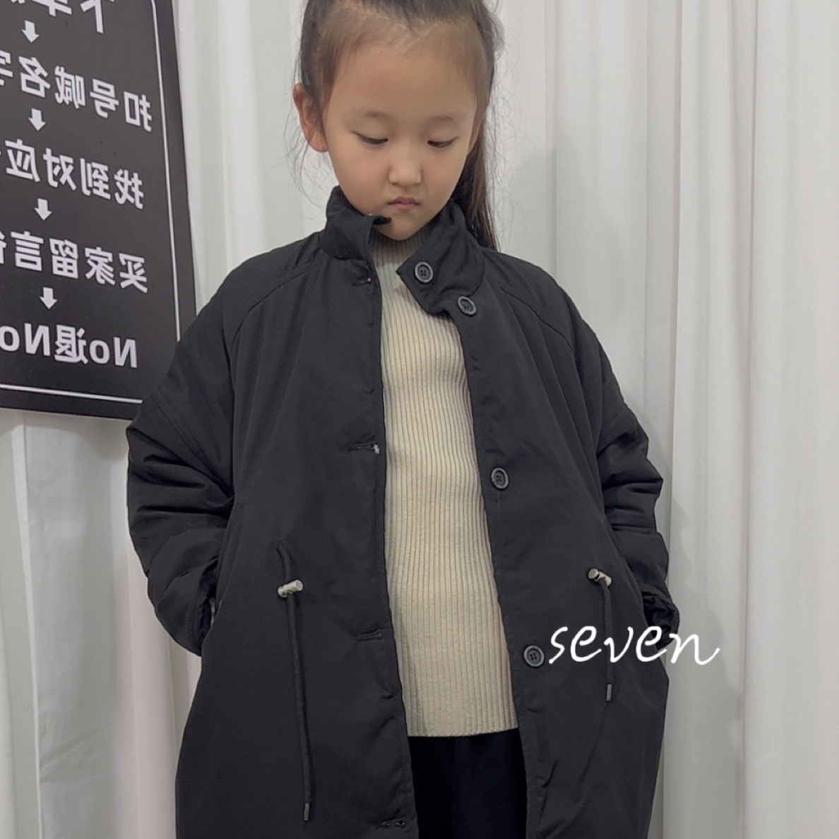 女童单排扣立领常规款中长款短外套黑色加厚上衣外套