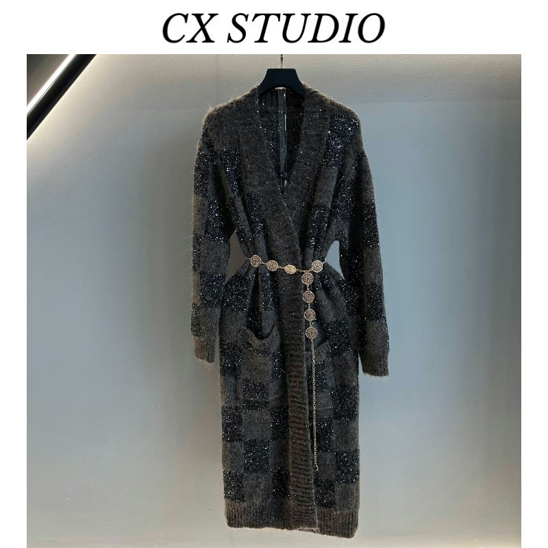 复古亮片针织衫慵懒轻奢V领中长款外套长袖女装TY22