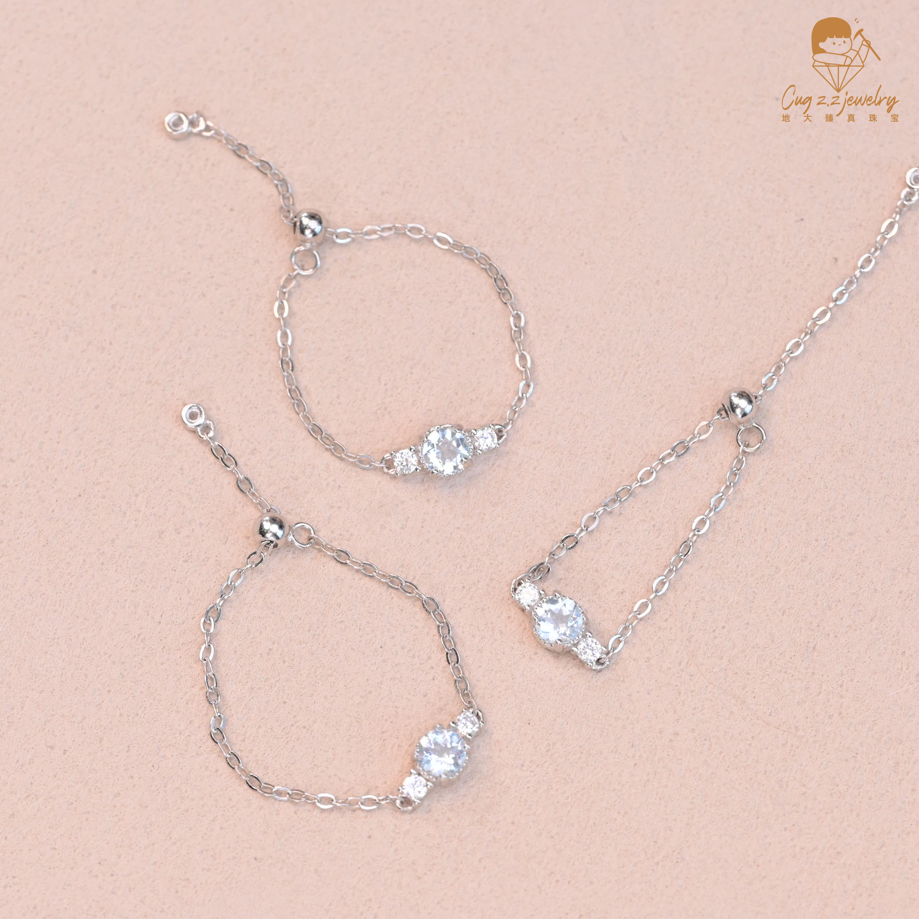 天然海蓝宝石抽拉银戒链条款天然海蓝宝925银