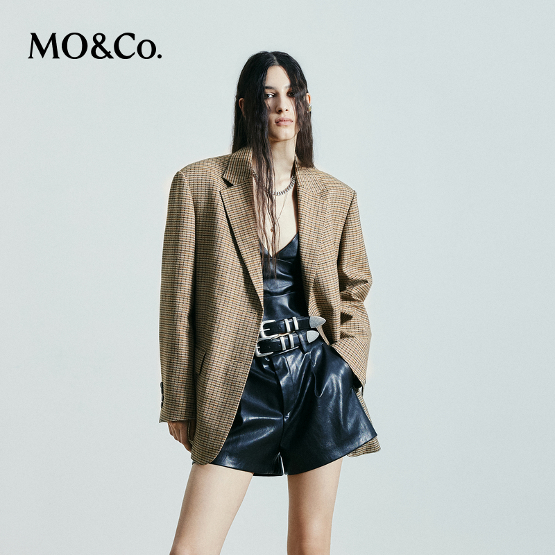 【陈大可专属】MOCO秋棕灰格纹色织亚麻混纺垫肩西装外套MBD3BLA019