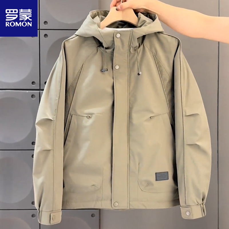 Romon/罗蒙外套男冲锋衣棉衣连帽工装帅气青年百搭休闲棉服时尚男