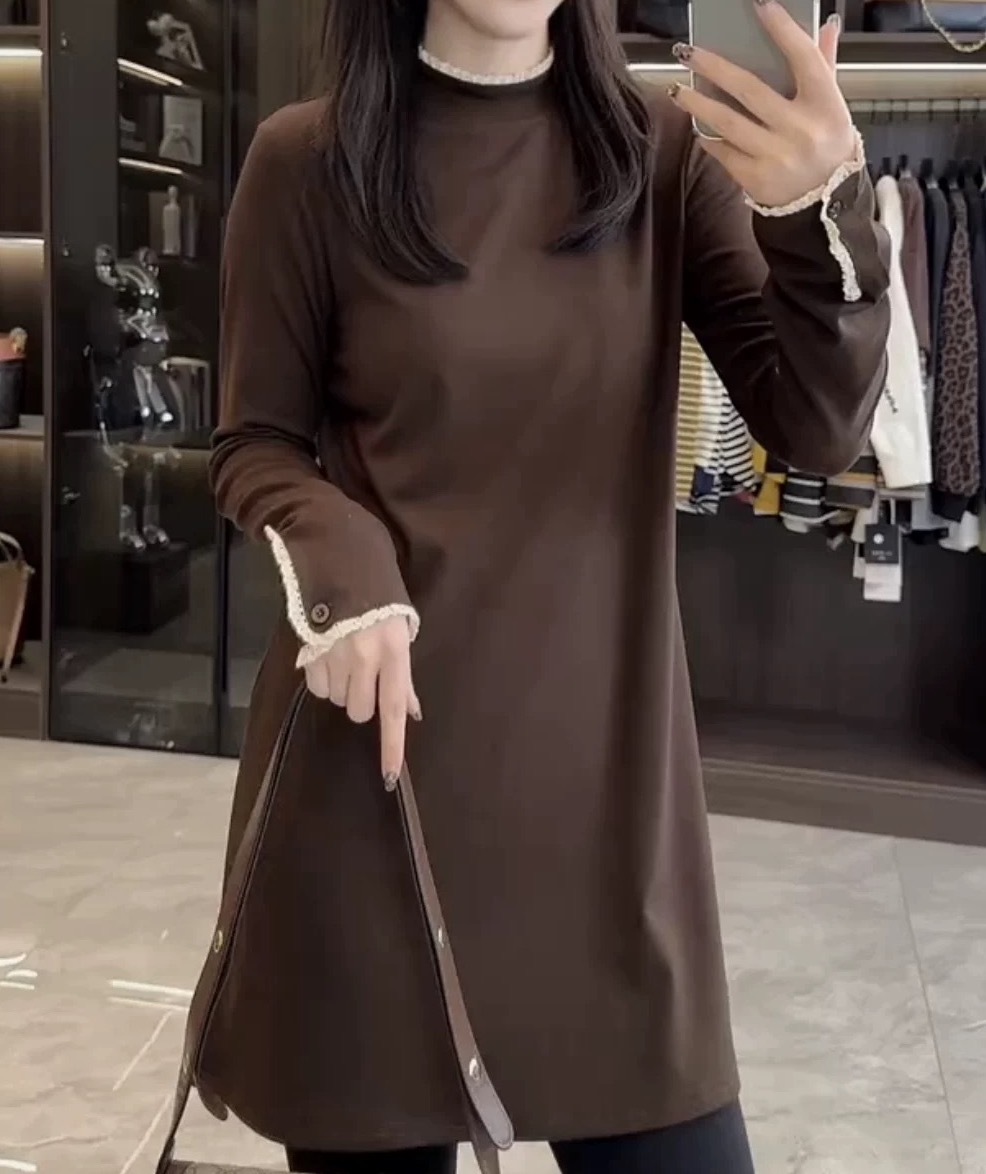 冬季新款蕾丝边加厚保暖卫衣女宽松遮肚显瘦时尚洋气中长款绒衫女